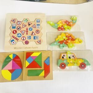 Children’s Wooden Puzzles (Set of 6) Hexagons Dino Police Geometric Shapes